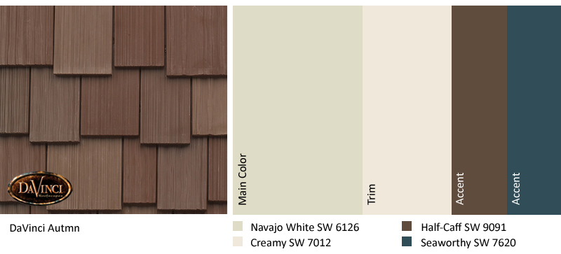 davinci autumn color swatch paired with navajo white, creamy, half-caff, and seaworthy paint