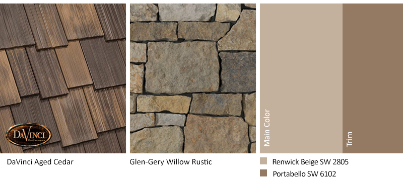 Brown Stone Exterior Color Schemes with Multi-Width Shake Aged Cedar