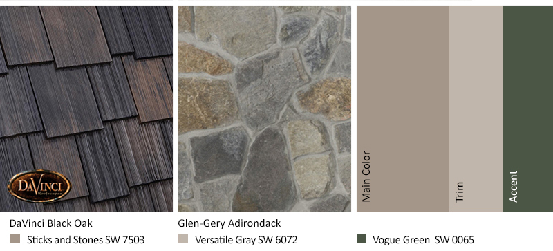 Gray Stone Exterior Color Schemes with Multi-Width Shake Black Oak