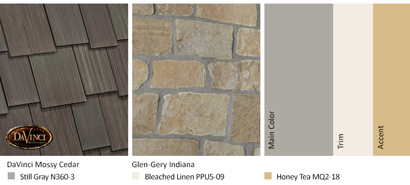 Cream Stone Exterior Color Schemes with Multi-Width Shake Mossy Cedar