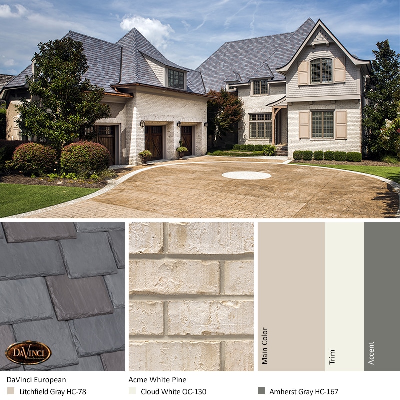 Cream Brick Home Exterior Color Schemes with Multi-Width Slate European