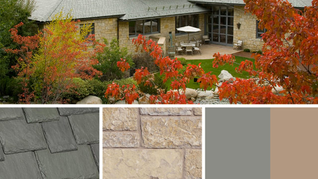 Tan Exterior Color Schemes with Multi-Width Slate Evergreen
