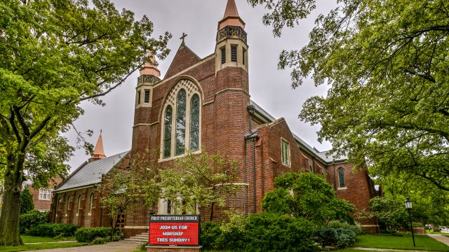 DaVinci Roofscapes helped First Presbyterian Church regain an amazing roof with impact-resistant Bellaforte slate tiles.
