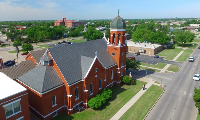 Single-width slate tiles completes this historic Oklahoma church