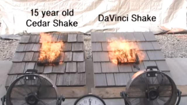 A real cedar wood shake burns much faster and hotter than a DaVinci synthetic shake tile