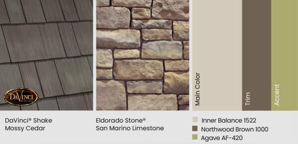 DaVinci Mossy Cedar with curated exterior colors Inner Balance, Northwood Brown and Agave.